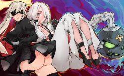 Rule 34 | ass, breasts, cleavage, cosplay, costume switch, crotch, female focus, from behind, guilty gear, hair over one eye, highres, jack-o&#039; valentine, jack-o&#039; valentine (cosplay), kenshin187, looking back, multiple girls, nier (series), nier:automata, silver hair, 2b (nier:automata), 2b (nier:automata) (cosplay)