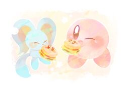 Rule 34 | ;d, ^ ^, blush, blush stickers, burger, cheese, closed eyes, commentary request, elfilin, food, heart, heart in eye, highres, holding, holding food, kirby, kirby (series), kirby and the forgotten land, lettuce, nintendo, no humans, notched ear, one eye closed, open mouth, simple background, smile, star (symbol), stern (stern dream), symbol in eye, tomato, tomato slice, white background, yellow background