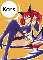 Rule 34 | 1girl, armpits, ass, bad id, bad pixiv id, bare shoulders, bat wings, blue footwear, blue thighhighs, boots, breasts, bridal gauntlets, character name, cleavage, cleavage cutout, clothing cutout, crossed legs, demon girl, elsword, faefaea, fingernails, fishnet thighhighs, fishnets, from side, full body, gradient hair, hair between eyes, halterneck, high heels, highres, horns, index finger raised, karis (elsword), leotard, long fingernails, long hair, looking at viewer, midriff, multicolored hair, navel cutout, orange background, outline, pointy ears, red eyes, red hair, short hair, simple background, sitting, smile, solo, spikes, staff, thigh boots, thighhighs, thong, thong leotard, turtleneck, twintails, wings, zipper