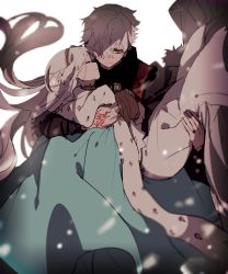 Rule 34 | 1boy, 1girl, anastasia (fate), cape, carrying, closed mouth, command spell, commentary request, dress, closed eyes, fate (series), floating hair, green cape, hair over one eye, hiiragi fuyuki, kadoc zemlupus, light smile, long hair, one eye covered, princess carry, sad, snow, white background, white dress