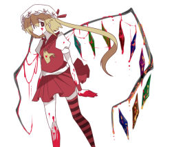 Rule 34 | 1girl, bad id, bad pixiv id, blonde hair, blood, female focus, flandre scarlet, fujisaki miyabi, hat, no nose, pale skin, side ponytail, single thighhigh, solo, striped clothes, striped thighhighs, thighhighs, touhou