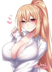 Rule 34 | 1girl, blonde hair, breasts, cleavage, crossed bangs, dated, dress shirt, heart, heterochromia, konshin, large breasts, long hair, looking at viewer, naked shirt, phantasy star, phantasy star online 2, ponytail, red eyes, shirt, smile, solo, upper body, white background, yellow eyes
