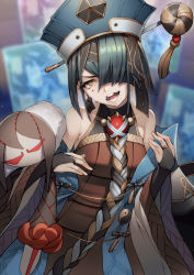 Rule 34 | 1girl, bare shoulders, black hair, blue headwear, blurry, blurry background, breasts, bridal gauntlets, brown eyes, chinese clothes, doll, fate/grand order, fate (series), hair ornament, hair over one eye, hairpin, hat, holding, holding doll, kyoeiki, long sleeves, looking at viewer, mole, mole under eye, monitor, open mouth, orb, robe, short hair, small breasts, smile, white robe, wide sleeves, xu fu (fate), yu mei-ren (fate)