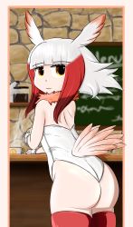 Rule 34 | 1girl, ass, back, bird girl, feather tails, highres, japanese crested ibis (kemono friends), kemono friends, leotard, looking at viewer, looking back, multicolored hair, red thighhighs, self-upload, short hair, smile, solo, standing, tail, thighhighs