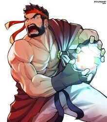 Rule 34 | 1boy, absurdres, angry, artist name, bad id, bad pixiv id, bare shoulders, beard, biceps, black gloves, black hair, black ribbon, brown eyes, collarbone, commentary, dated, energy, energy ball, english commentary, facial hair, fingerless gloves, gloves, hadouken, hands up, headband, highres, looking away, male focus, muscular, muscular male, open mouth, pants, pectorals, red headband, ribbon, ryu (ryuwanshoy), ryu (street fighter), sash, short hair, simple background, single bare shoulder, solo, standing, street fighter, street fighter 6, teeth, thick eyebrows, tongue, v-shaped eyebrows, white background, white pants