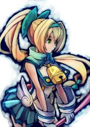 Rule 34 | 1girl, alternate hairstyle, arc system works, bare shoulders, bell, blazblue, blonde hair, bow, gloves, green eyes, hair bow, hairband, long hair, platinum the trinity, ponytail, solo, sowel (sk3), symbol-shaped pupils, white background, white gloves