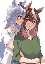 2girls ahoge animal_ears blue_eyes collarbone green_shirt grey_hair highres horse_ears horse_girl hug hug_from_behind kusanagi_kaoru long_hair long_sleeves multicolored_hair multiple_girls oguri_cap_(umamusume) red_eyes shirt simple_background smile streaked_hair symboli_rudolf_(umamusume) umamusume very_long_hair white_background white_shirt yuri