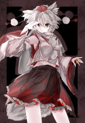Rule 34 | 1girl, animal ear fluff, animal ears, bare shoulders, black background, black skirt, border, brown border, brown eyes, closed mouth, detached sleeves, highres, inubashiri momiji, looking at viewer, pom pom (clothes), sarashi, shield, shirt, short hair, skirt, solo, tail, touhou, vivo (vivo sun 0222), weapon, weapon on back, white hair, white shirt, white sleeves, wolf ears, wolf girl, wolf tail
