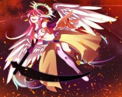 Rule 34 | 1girl, angel wings, artist request, asymmetrical legwear, breasts, bridal gauntlets, commentary request, spiked halo, crop top, cross, evil smile, feathered wings, full body, gradient hair, halo, holding, holding weapon, jibril (no game no life), long hair, low wings, magic circle, medium breasts, midriff, mismatched legwear, multicolored eyes, multicolored hair, navel, no game no life, open mouth, orange eyes, pink hair, scythe, shoes, sideboob, single shoe, smile, solo, symbol-shaped pupils, very long hair, weapon, white wings, wing ears, wings, yellow eyes
