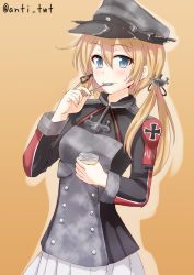 Rule 34 | 10s, 1girl, anchor hair ornament, anti (untea9), black ribbon, blonde hair, blue eyes, blush, commentary request, eating, food, hair ornament, hat, highres, kantai collection, long sleeves, looking at viewer, low twintails, military, military hat, military uniform, peaked cap, prinz eugen (kancolle), pudding, pun, ribbon, skirt, solo, spoon, sweatdrop, twintails, twitter username, uniform