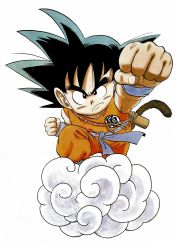 Rule 34 | 1boy, alternate color, arm at side, armpit peek, black eyes, black hair, clenched hands, closed mouth, clothes writing, collarbone, commentary, dougi, dragon ball, dragon ball (classic), fingernails, flying nimbus, frown, full body, highres, looking afar, male focus, monkey tail, official art, outstretched hand, perspective, serious, shaded face, simple background, solo, son goku, spiked hair, standing, tail, toriyama akira, v-shaped eyebrows, white background, wristband