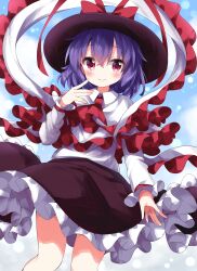 Rule 34 | 1girl, black hat, black skirt, blue background, bow, capelet, closed mouth, commentary request, frilled capelet, frilled shawl, frilled skirt, frills, hat, hat bow, highres, long sleeves, looking at viewer, nagae iku, purple hair, red bow, red eyes, ruu (tksymkw), shawl, shirt, short hair, skirt, smile, solo, touhou, white shirt
