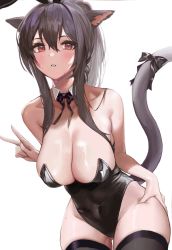 Rule 34 | 1girl, absurdres, animal ears, warrior of light (ff14), bare arms, bare shoulders, black bow, black bowtie, black hair, black leotard, black thighhighs, blush, bow, bowtie, breasts, cat ears, cat girl, cat tail, cleavage, collar, collarbone, cowboy shot, cyobiro, detached collar, fake animal ears, final fantasy, final fantasy xiv, hair intakes, hand on own thigh, highleg, highleg leotard, highres, large breasts, leaning forward, leotard, miqo&#039;te, parted lips, playboy bunny, rabbit ears, red eyes, simple background, solo, strapless, strapless leotard, sweat, tail, tail bow, tail ornament, thighhighs, v, white background, white collar, wing collar