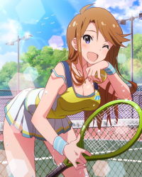 Rule 34 | 10s, 1girl, ;d, artist request, bent over, blue eyes, blush, breasts, brown hair, chain-link fence, cleavage, fence, idolmaster, idolmaster million live!, jewelry, jpeg artifacts, lens flare, long hair, looking at viewer, necklace, official art, one eye closed, open mouth, racket, skirt, smile, solo, sportswear, strap slip, sweat, tank top, tennis net, tennis racket, tennis uniform, tokoro megumi, wink, wristband