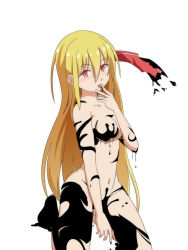 Rule 34 | 1girl, aged up, alternate hair length, alternate hairstyle, barefoot, blonde hair, blush, breasts, cato (monocatienus), collarbone, commentary request, darkness, ex-rumia, hair between eyes, hair ribbon, hand up, kneeling, licking, licking finger, long hair, medium breasts, navel, nude, red eyes, red ribbon, ribbon, rumia, sidelocks, simple background, solo, stomach, thighs, touhou, very long hair, white background