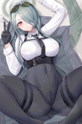 Rule 34 | 1girl, arm up, black gloves, black necktie, blue archive, braided hair rings, breasts, cameltoe, cbmus, chest harness, collared shirt, commentary, covered navel, eyewear on head, gloves, green hair, hair over one eye, halo, hand up, harness, heart, heart-shaped pupils, high-waist pants, highres, jacket, large breasts, legs, long hair, long sleeves, lying, mina (blue archive), necktie, on back, pants, pink eyes, pinstripe jacket, pinstripe pattern, shirt, smile, solo, spread legs, striped, sunglasses, symbol-shaped pupils, teeth, unworn jacket, v, white shirt