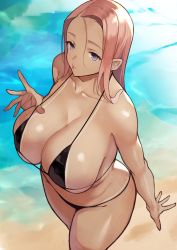 Rule 34 | 1girl, absurdres, bare shoulders, beach, bikini, bikini tan, black bikini, blue eyes, breasts, cleavage, commentary request, curvy, from above, highres, large breasts, long hair, mature female, original, pink hair, sand, shore, solo, swimsuit, tan, tanline, water, yoshio (55level)