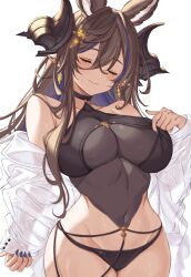 animal_ears bare_shoulders bikini black_bikini blue_hair blue_nails blush breasts brown_hair cleavage closed_eyes commentary_request covered_navel extra_ears galleon_(granblue_fantasy) galleon_(summer)_(granblue_fantasy) granblue_fantasy groin hair_ornament highres horns hoshido1214 large_breasts long_hair multicolored_hair official_alternate_costume pointy_ears see-through_cleavage see-through_clothes shirt smile streaked_hair swimsuit thighs white_shirt