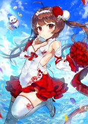 Rule 34 | 1girl, ahoge, azur lane, blush, breasts, bridal veil, brown hair, chinese clothes, cleavage, cloud, commentary request, day, flower, flying, gijang, hair flower, hair ornament, leg up, long hair, looking at viewer, panda, petals, ping hai (azur lane), sideboob, sky, small breasts, solo, thighhighs, twintails, veil, water