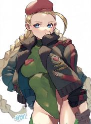 Rule 34 | 1girl, ahoge, aqua eyes, beret, blonde hair, blurry, blurry background, bomber jacket, braid, breasts, cammy white, commentary request, depth of field, gloves, green leotard, hat, highleg, highleg leotard, highres, huge ahoge, jacket, leotard, long braid, long hair, long sleeves, looking at viewer, murata tefu, open clothes, open jacket, ringed eyes, scar, simple background, solo, street fighter, thong leotard, twin braids, unzipped, white background