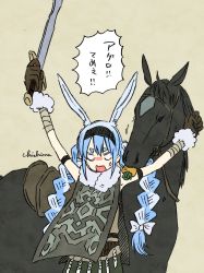 Rule 34 | agro, angry, animal ear fluff, animal ears, blue hair, braid, carrot, commentary request, cosplay, don-chan (usada pekora), eating, eating hair, fur-trimmed gloves, fur scarf, fur trim, gloves, hairband, highres, hololive, horse, multicolored hair, rabbit ears, rabbit girl, saddle, sanchishima, shadow of the colossus, signature, simple background, sword, thick eyebrows, translation request, twin braids, two-tone hair, usada pekora, virtual youtuber, wander (cosplay), wander (shadow of the colossus), weapon