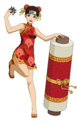 Rule 34 | 1girl, bare shoulders, brown eyes, brown hair, chinese clothes, double bun, dress, hair bun, holding, holding scroll, holding weapon, leg up, legs, looking at viewer, naruto (series), naruto shippuuden, open mouth, red dress, scroll, shoes, short hair, shuriken, skirt, sleeveless, sleeveless dress, smile, tenten (naruto), weapon
