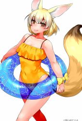 Rule 34 | 10s, 1girl, 2017, alternate costume, animal ears, blonde hair, bow, breasts, brown eyes, cleavage, dated, extra ears, fennec (kemono friends), fox ears, fox tail, groin, happa (cloverppd), holding, holding swim ring, innertube, kemono friends, light smile, looking at viewer, medium breasts, one-piece swimsuit, see-through, short hair, signature, simple background, solo, spaghetti strap, swim ring, swimsuit, tail, white background, wristband, yellow bow, yellow one-piece swimsuit, yellow wristband