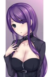 Rule 34 | 1girl, blue eyes, breasts, character request, cleavage, cleavage cutout, clothing cutout, collar, copyright request, full-length zipper, hair over one eye, head tilt, large breasts, long hair, looking at viewer, low ponytail, purple hair, sidelocks, solo, soukitsu, tsukuyomi (under night in-birth), under night in-birth, zipper