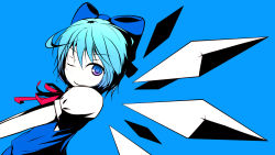 Rule 34 | 1girl, bad id, bad pixiv id, blue background, blue eyes, blue hair, blue theme, bow, cirno, dise (psychoro), hair bow, highres, looking at viewer, matching hair/eyes, one eye closed, short sleeves, simple background, smile, solo, touhou, wallpaper, wings, wink, yousei daisensou