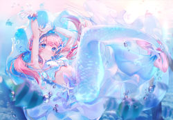 Rule 34 | 1girl, a20 (atsumaru), absurdres, air bubble, blue eyes, blue hair, breasts, bubble, commentary request, fang, fins, fish tail, full body, hanagumo kuyuri, highres, hitotose tanteidan, long hair, looking at viewer, medium breasts, mermaid, monster girl, multicolored hair, pink hair, scrunchie, skin fang, tail, two-tone hair, virtual youtuber, wrist scrunchie
