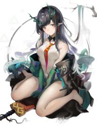 Rule 34 | 1girl, arknights, bare shoulders, black hair, branch, breasts, cleavage cutout, closed mouth, clothing cutout, colored skin, dragon horns, dragon tail, dress, dusk (arknights), ear piercing, feet, green skin, highres, horns, jacket, multicolored hair, necktie, off shoulder, piercing, pointy ears, sakrad, solo, sword, sword hilt, tail, thighs, weapon, white background, white dress, yellow eyes