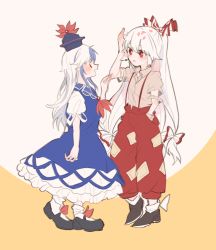 Rule 34 | 2girls, black footwear, blue dress, blue hair, blue headwear, commentary request, dress, fujiwara no mokou, full body, hand in pocket, hand up, hat, holding, holding petal, itomugi-kun, kamishirasawa keine, looking at another, multicolored hair, multiple girls, neckerchief, open mouth, pants, petals, red eyes, red neckerchief, red pants, shirt, shoes, short sleeves, simple background, smile, socks, suspenders, torn clothes, torn sleeves, touhou, two-tone hair, white background, white hair, white legwear, white shirt, wrist cuffs, yellow background