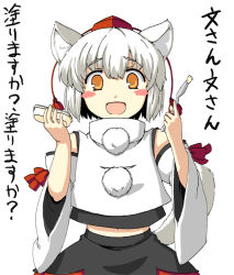 Rule 34 | 1girl, animal ears, blush, blush stickers, butter, detached sleeves, excited, female focus, food, hat, inubashiri momiji, knife, navel, open mouth, short hair, smile, solo, standing, tail, tokin hat, touhou, translated, uro (urotanc), white background, white hair, wolf ears, wolf tail, yellow eyes