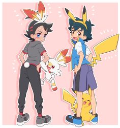 Rule 34 | 2boys, animal ears, ash ketchum, black hair, black pants, blue footwear, blue shorts, blue vest, blush, commentary, creatures (company), dark-skinned male, dark skin, embarrassed, emphasis lines, from behind, full body, game freak, gen 1 pokemon, gen 8 pokemon, goh (pokemon), grey footwear, grey shirt, holding another&#039;s arm, hugging own legs, looking at viewer, lower teeth only, multiple boys, nintendo, okaohito1, open mouth, pants, pikachu, pikachu ears, pikachu tail, pink background, pokemon, pokemon (anime), pokemon (creature), pokemon ears, pokemon journeys, pokemon tail, rabbit ears, rabbit tail, scorpion tail, shirt, shoes, shorts, simple background, sneakers, spiked hair, sweat, tail, teeth, vest, white shirt