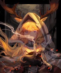 Rule 34 | 1girl, animal ears, antlers, antlers through hood, arknights, blonde hair, bzi (a4567889z), candle, chinese commentary, commentary request, dilated pupils, ears through hood, floating hair, hair between eyes, hair ornament, hand up, highres, holding, holding candle, hood, hood up, horns, light particles, long bangs, long hair, looking at viewer, purple eyes, solo, upper body, viviana (arknights), white hood, x hair ornament