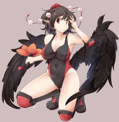 Rule 34 | 1girl, absurdres, alternate costume, bird wings, black footwear, black hair, black wings, boots, breasts, cleavage, closed mouth, commission, competition swimsuit, cross-laced footwear, elbow pads, full body, grey background, groin, hand fan, hand in own hair, hat, hauchiwa, highleg, highleg swimsuit, highres, holding, holding fan, jyaoh0731, knee pads, lace-up boots, large breasts, leaf print, looking at viewer, navel, one-piece swimsuit, pixiv commission, pom pom (clothes), red eyes, red hat, shameimaru aya, short hair, simple background, solo, squatting, swimsuit, tokin hat, touhou, wings