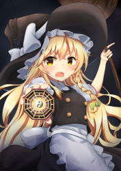 Rule 34 | 1girl, absurdres, aiming, aiming at viewer, apron, arm up, bagua, black background, black hat, black skirt, black vest, blonde hair, blush, braid, broom, commentary request, cowboy shot, foreshortening, hair between eyes, hair ribbon, hat, hat ribbon, highres, holding, holding broom, index finger raised, kirisame marisa, long hair, looking at viewer, mini-hakkero, open mouth, puffy short sleeves, puffy sleeves, ribbon, sachisudesu, shirt, short sleeves, single braid, skirt, solo, standing, touhou, tress ribbon, trigram, tsurime, very long hair, vest, waist apron, white shirt, witch hat, yellow eyes, yin yang