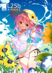 Rule 34 | 1girl, :d, absurdres, bare shoulders, bikini, bikini under clothes, blue sky, blurry, blurry foreground, blush, breasts, brown eyes, brown hat, cloud, commentary request, cover, cover page, day, depth of field, fang, flower, fujishima-sei ichi-gou, groin, hair flower, hair ornament, hat, head tilt, highres, holding, holding hose, hose, large breasts, long hair, off shoulder, open mouth, original, outdoors, pink hair, see-through, shirt, short sleeves, side-tie bikini bottom, sky, smile, solo, straw hat, striped bikini, striped clothes, sunflower, swimsuit, water, wet, white flower, white shirt, wide sleeves, yellow flower