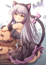 Rule 34 | 1girl, animal ears, arm garter, arm rest, ass, bang dream!, bare shoulders, bare tree, bat (animal), black gloves, black hairband, black panties, black shirt, black skirt, black thighhighs, blush, bow, breasts, cat ears, cat tail, celtic cross, checkered background, clothes lift, commentary request, cross, crossed arms, fake animal ears, fake tail, fishnet top, fishnets, floral print, frilled skirt, frills, from side, gloves, gradient background, grey background, grey hair, hair between eyes, hairband, halloween, high heels, jack-o&#039;-lantern, lace, lace-trimmed panties, lace trim, lifted by tail, light particles, long hair, looking at viewer, looking to the side, minato yukina, miniskirt, official alternate costume, panties, parted lips, pleated skirt, print panties, print thighhighs, purple bow, purple footwear, shindoi akio, shirt, shoe soles, shoes, silhouette, sitting, skirt, skirt lift, sleeveless, sleeveless shirt, small breasts, solo, sparkle, tail, tail bow, tail ornament, thighhighs, tree, twitter username, two-tone background, underwear, very long hair, wedgie, white background, yellow eyes, yokozuwari