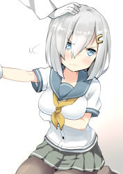 Rule 34 | 10s, 1boy, 1girl, absurdres, admiral (kancolle), black pantyhose, blue eyes, breast hold, breasts, commentary request, frown, gloves, hair ornament, hairpin, hamakaze (kancolle), headpat, highres, kantai collection, pantyhose, pleated skirt, ryuki (ryukisukune), school uniform, serafuku, short hair, silver hair, simple background, skirt, solo focus, white background, white gloves