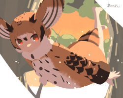 Rule 34 | 1girl, absurdres, artist name, bad id, bad pixiv id, bird girl, bird tail, black hair, brown eyes, brown hair, coat, commentary request, eurasian eagle owl (kemono friends), feathered wings, feathers, flying, fur collar, hair between eyes, head wings, highres, holding, holding staff, kemono friends, long sleeves, multicolored hair, namekuz1paint, no lineart, no outlines, open mouth, pantyhose, short hair, solo, staff, tail, tree, white hair, white pantyhose, wings