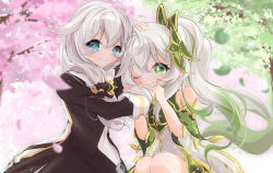 Rule 34 | 2girls, absurdres, bare shoulders, black dress, blue eyes, cherry blossoms, closed mouth, company connection, crossover, dress, elf, genshin impact, green eyes, highres, honkai (series), honkai impact 3rd, hualing, kosame no yui, leaf, long hair, long sleeves, looking at viewer, mihoyo, multiple girls, nahida (genshin impact), nun, one eye closed, petals, pointy ears, side ponytail, smile, tamura yukari, theresa apocalypse, theresa apocalypse (valkyrie pledge), voice actor connection, white dress, white hair