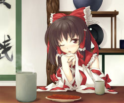 Rule 34 | 1girl, bow, brown eyes, brown hair, detached sleeves, female focus, food, hair bow, hakurei reimu, japanese clothes, meat, miko, nanaran, one eye closed, own hands together, pov, ribbon, solo, tea, touhou, wink