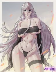 Rule 34 | 1girl, alternate costume, apocalypse, arttoru, asymmetrical legwear, bikini, black bikini, black gloves, black thighhighs, blue eyes, breasts, cowboy shot, dual wielding, elbow gloves, gloves, highres, holding, lips, long hair, mismatched legwear, nier (series), nier:automata, nose, paid reward available, signature, simple background, solo, sparks, sunset, swimsuit, sword, thighhighs, thighs, virtuous contract, watermark, weapon, a2 (nier:automata)