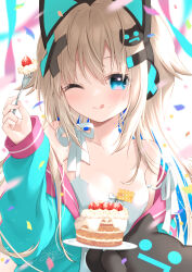Rule 34 | 1girl, ;q, animal ear headphones, animal ears, bare shoulders, blonde hair, blue eyes, blue hair, blue jacket, blurry, blurry background, blurry foreground, blush, breasts, cake, cat ear headphones, closed mouth, collarbone, commentary request, confetti, depth of field, dress, fake animal ears, food, food on face, fruit, hair between eyes, hair ornament, hand up, headphones, holding, holding food, indie virtual youtuber, jacket, long hair, long sleeves, looking at viewer, multicolored hair, off shoulder, one eye closed, open clothes, open jacket, puffy long sleeves, puffy sleeves, simple background, sleeves past wrists, small breasts, smile, solo, strap slip, strawberry, streamers, tongue, tongue out, two-tone hair, uchuuneko, uchuuneko (vtuber), very long hair, virtual youtuber, white background, white dress, x hair ornament