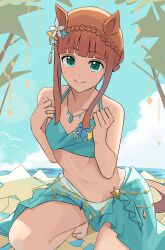 Rule 34 | 1girl, absurdres, animal ears, aqua eyes, barefoot, beach, blue sarong, blue sky, braid, chisaku, closed mouth, cloud, cloudy sky, commentary, crown braid, flat chest, flower, hair flower, hair ornament, highres, horse ears, horse girl, horse tail, jewelry, looking at viewer, navel, necklace, official alternate costume, official alternate hairstyle, palm tree, sand, sarong, short hair, silence suzuka (emerald on the waves) (umamusume), silence suzuka (umamusume), sky, smile, solo, tail, tree, umamusume, water