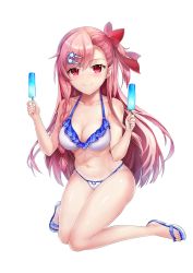 Rule 34 | 1girl, alternate costume, armpit crease, bikini, blue footwear, blush, bow, braid, breasts, cleavage, closed mouth, eyao, food, girls&#039; frontline, hair between eyes, hair bow, hair ornament, hair ribbon, hairclip, hexagram, highres, holding, holding food, israel flag bikini, kneeling, large breasts, long hair, looking at viewer, navel, negev (girls&#039; frontline), one side up, pink hair, popsicle, red bow, red eyes, ribbon, sandals, shiny skin, side braid, simple background, skindentation, smile, solo, star of david, stomach, swimsuit, thighs, white background