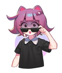 Rule 34 | 1girl, :d, adjusting eyewear, animal ears, arm up, black eyes, black shirt, collar, hair ornament, highres, looking at viewer, masyunya, medium hair, open mouth, original, purple hair, shaded face, shirt, short sleeves, simple background, sionmao, smile, solo, sunglasses, surprised, t-shirt, upper body, white background, white collar