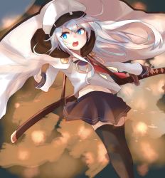 Rule 34 | &gt;:d, 10s, 1girl, :d, absurdres, black skirt, black thighhighs, blue eyes, cape, floating hair, hat, hibiki (kancolle), highres, holding, holding behind back, kantai collection, long sleeves, looking at viewer, messy hair, open mouth, outstretched arm, pleated skirt, ranf, ribbon, round teeth, school uniform, serafuku, sheath, sheathed, shirt, skirt, smile, solo, standing, tareme, teeth, thighhighs, v-shaped eyebrows, white cape, white hat, white shirt, wind, wind lift, yellow ribbon, zettai ryouiki