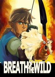 Rule 34 | 1boy, aiming, animal, bird, blue eyes, bow (weapon), bulging eyes, chicken, commentary request, copyright name, cucco, drawing bow, fire, holding, holding bow (weapon), holding weapon, hot shots!, hot shots! part deux, layered sleeves, light brown hair, link, lips, long hair, long sleeves, looking at viewer, male focus, nintendo, parody, pointy ears, ponytail, serious, shirt, short over long sleeves, short sleeves, sidelocks, the legend of zelda, the legend of zelda: breath of the wild, tibonobannsann, upper body, weapon, wide-eyed